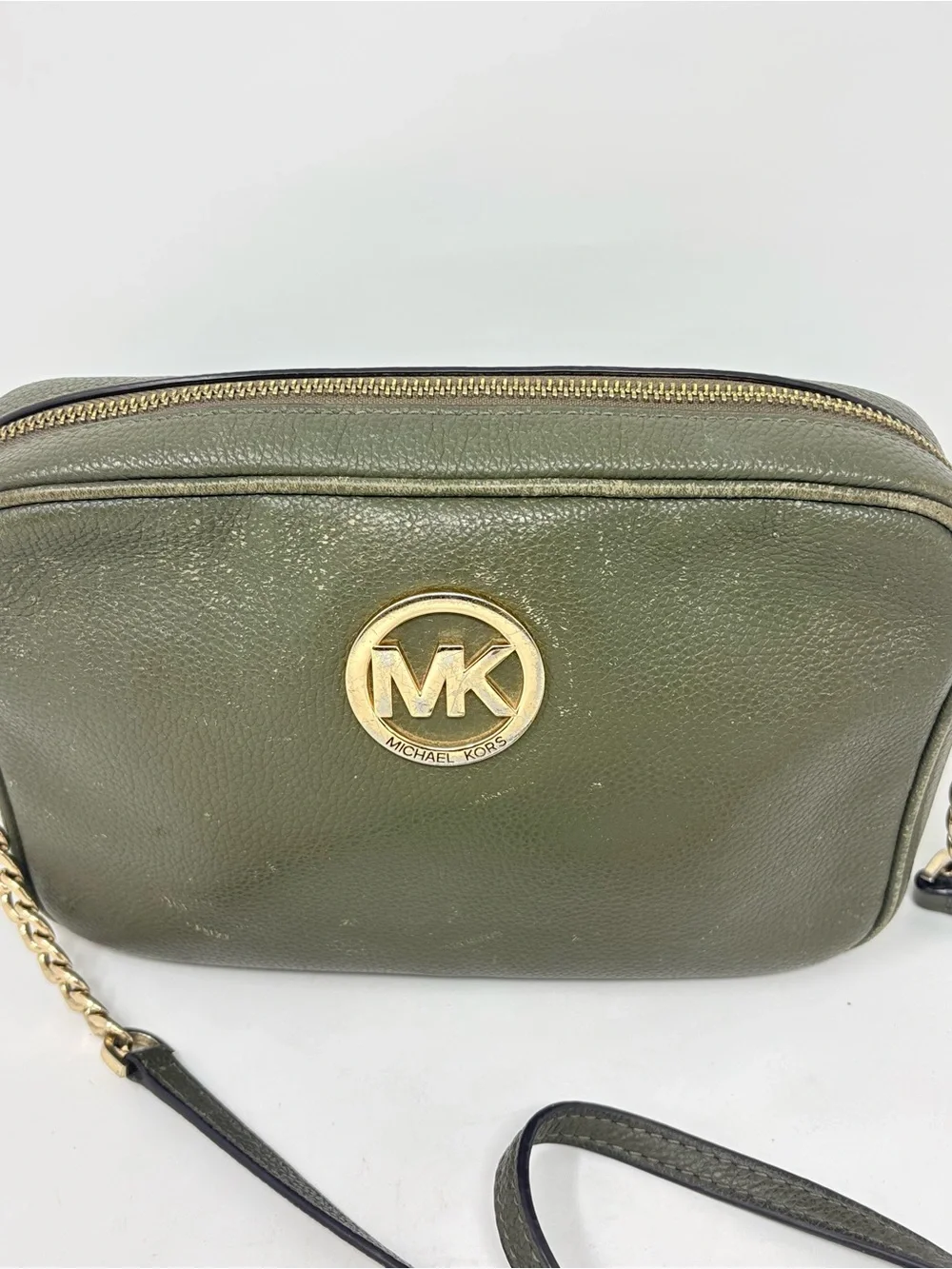 Michael Kors Fulton Olive Green Leather Crossbody Bag Camera Bag Purse 9.5”x6”